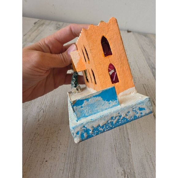 Vintage putz mica paper Orange adobe house village flocked tree Japan Xmas decor - Picture 3 of 8